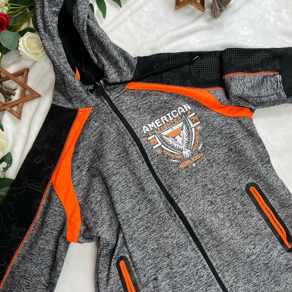 American Fighter Gray and Orange Kids Hoodie